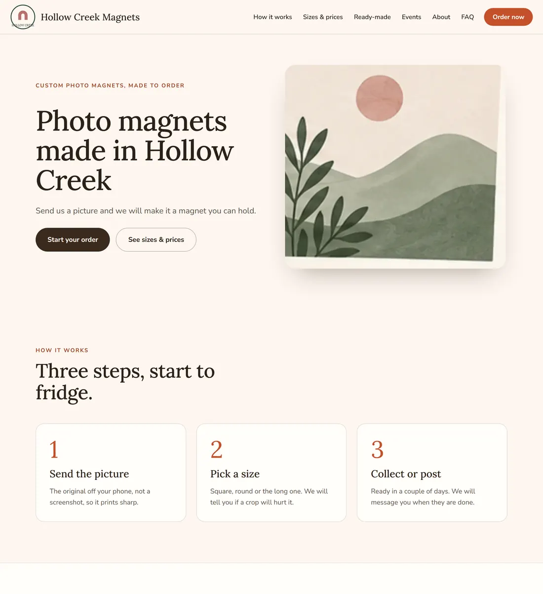 A magnet shop's information page, with a headline, a large picture of a magnet, buttons to start an order or see sizes and prices, and a three step how it works band below.