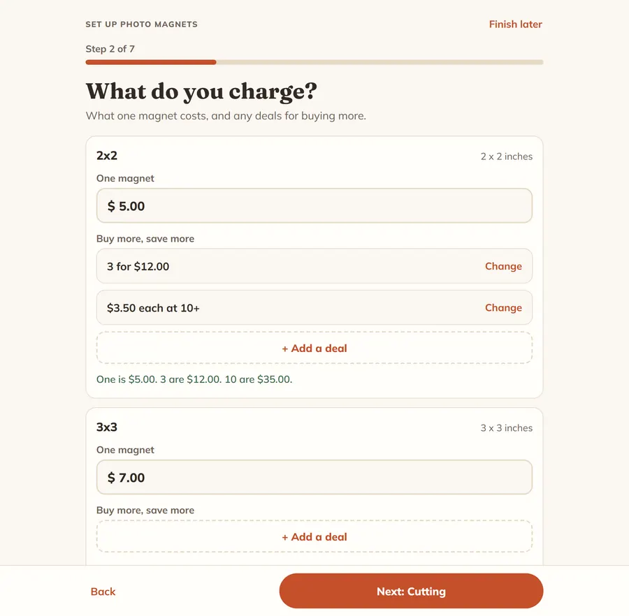 The second setup question, What do you charge, showing a price box for the 2x2 size with two deals under it and a line reading one is five dollars, three are twelve dollars, ten are thirty five dollars.
