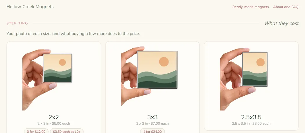 The ordering page showing three magnet sizes, each held between finger and thumb, with the price under each one and the shop's deals listed beneath.